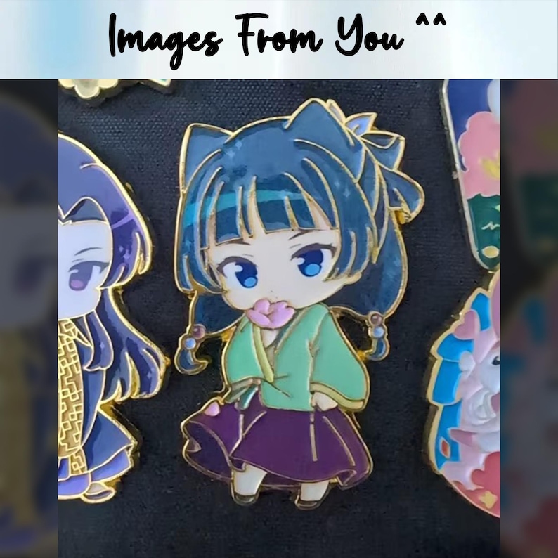 May include: Enamel pins featuring anime-style characters. The central pin depicts a girl with blue hair, wearing a green top and purple skirt, holding a pink flower. The pins have gold-colored outlines. The text "Images From You" is at the top.