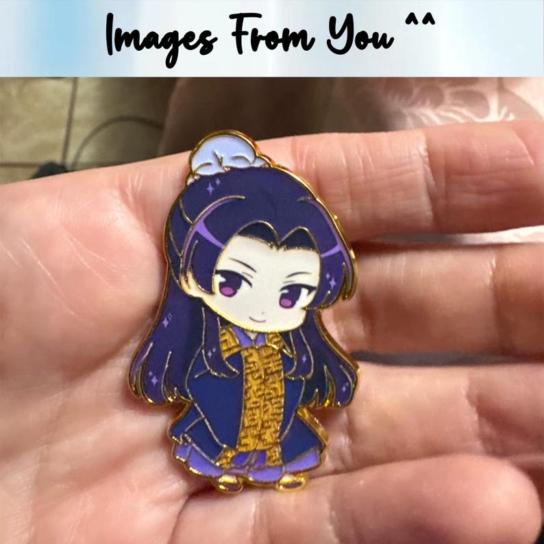 May include: A gold-colored enamel pin featuring a chibi-style character with long purple hair and a blue outfit. The character has a smiling expression and is wearing a gold-colored garment. The text "Images From You" is at the top.