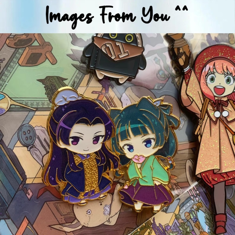 May include: Enamel pins featuring anime-style characters. The pins showcase detailed designs with vibrant colors, including characters in traditional attire and a robot-like figure. The text "Images From You" is at the top.