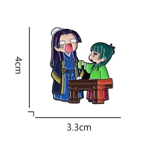 May include: A colorful enamel pin featuring two cartoon figures. One figure, with purple hair and a blue outfit, appears shocked. The other, with green hair and a green outfit, is gesturing. The pin measures 4 cm high and 3.3 cm wide.
