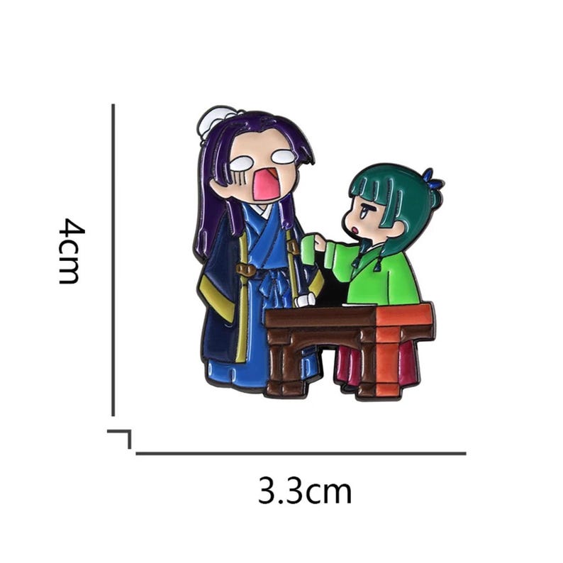 May include: A colorful enamel pin featuring two cartoon figures. One figure, with purple hair and a blue outfit, appears shocked. The other, with green hair and a green outfit, is gesturing. The pin measures 4 cm high and 3.3 cm wide.