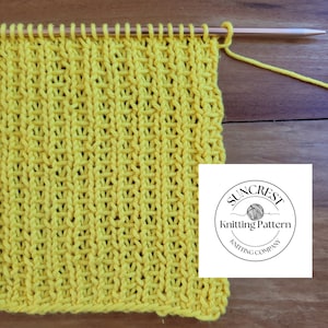 May include: Close-up of a yellow knitted fabric with a textured pattern, held on a wooden knitting needle. The Suncrest Knitting Pattern logo is in the lower right corner.
