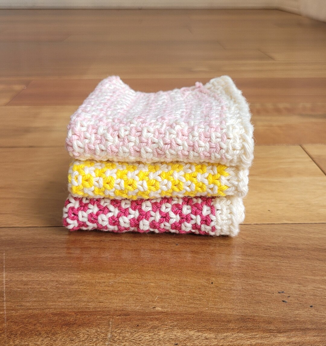 Baby Girl Washcloth, Pink and Yellow Dishcloth, Set of Three Washcloths