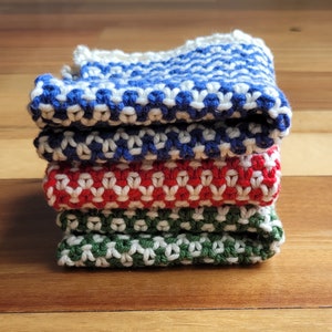 baby boy washcloth, red, blue, green dishcloth, set of three washcloths, baby bath cloth, kitchen dishcloth, handmade knit dishcloth