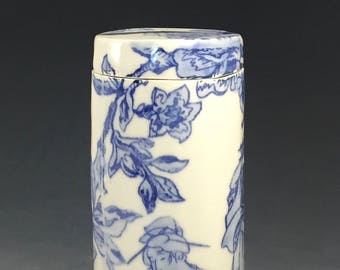 Blue and White Chinoiserie Tea Caddy with Clipper Ship and Geisha