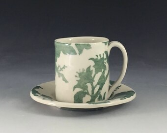 Green Floral Silhouette Espresso Cup and Saucer
