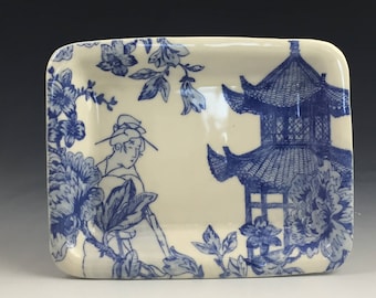 Blue and White Chinoiserie Tray with Geisha and Pagoda