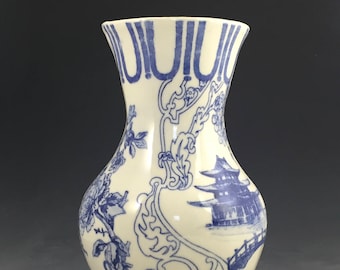 Blue Chinoiserie Vase with Palm Tree and Pagoda