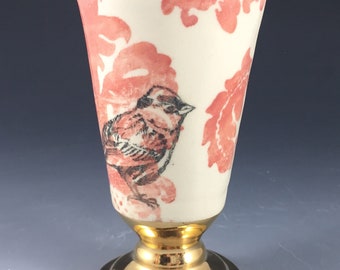 Coral, Sage Damask Gold Pedestal Cup