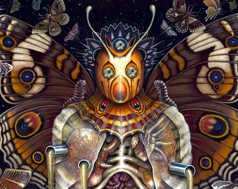 May include: A surreal painting of a butterfly-like creature with a human-like body and a mask. The creature is surrounded by butterflies and other insects. The creature's body is made up of intricate details and patterns. The creature is standing on a body of water with various sea creatures.