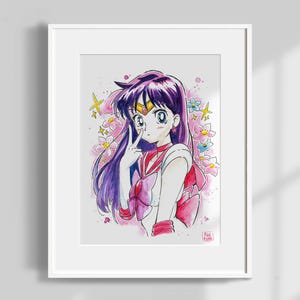 SAILOR MARS Blumen Portrait (Sailor Moon Serie) - Aquarell Fan Art Malerei von Foxpuar (PRINT)