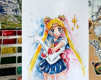 Authentisch Echt - Usagi Tsukino SAILOR MOON - Aquarell Handmalerei Fantasy von Foxpuar 'Cute' Japanischer Anime