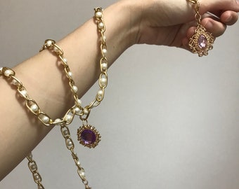 Cat Dog Pearl Pink Purple Gemstone Gold Collar