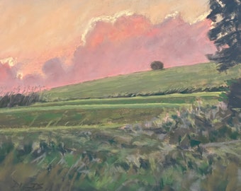 Painting, Pastel, Artwork, clouds, sunset, hills, haybail