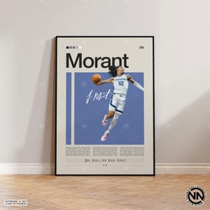 Pôster de Ja Morant, pôster do Memphis Grizzlies, pôster da NBA, pôster esportivo, moderno de meados do século, fãs da NBA, presente de basquete, pôsteres esportivos para quarto