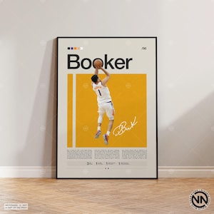 Cartel de Devin Booker, cartel de los Phoenix Suns, cartel de la NBA, cartel deportivo, moderno de mediados de siglo, fanáticos de la NBA, regalo de baloncesto, carteles de dormitorios deportivos