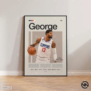 Pôster de Paul George, pôster do L.A. Clippers, pôster da NBA, pôster esportivo, moderno de meados do século, fãs da NBA, presente de basquete, pôsteres esportivos para quarto