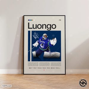 Pôster de Roberto Luongo, Pôster do Vancouver Canucks, Pôster da NHL, Pôster de hóquei, Pôster esportivo, Moderno de meados do século, Pôsteres esportivos para quarto