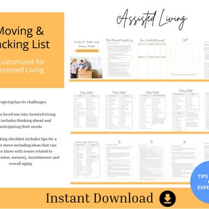 May include: A printable checklist for moving a loved one into assisted living. The checklist includes tips for a smoother move, including ideas that can help for those with issues related to mobility, vision, memory, incontinence, and overall aging. The checklist is titled "Moving & Packing List Customized for Assisted Living".