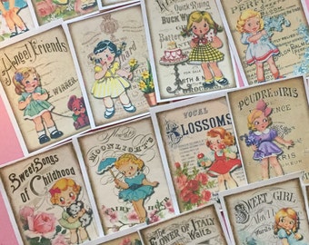 Vintage Girl Stickers - Set of 18 - Handmade Stickers, Vintage Style, Cute Planner Stickers, Flower Girl Stickers, Cute Girl Stickers
