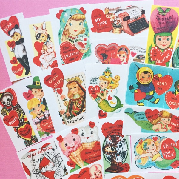 Valentines Stickers - Set of 28 - Handmade Stickers, Vintage Style, Vintage Valentines, Journal, Planner Stickers, Cute Valentines, Kitsch