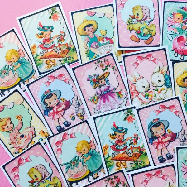 Easter Stickers - Set of 18 - Handmade Stickers, Vintage Style, Vintage Easter, Planner Stickers, Cute Easter, Cute Girls, Cute Kids, Kitsch