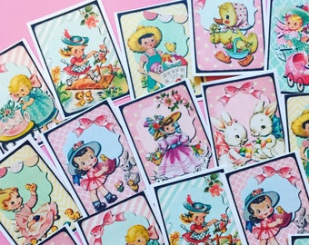 Easter Children Stickers - Set of 18 - Handmade Junk Journal Stickers