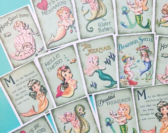 Mermaid Stickers - Set of 18 - Handmade Stickers, Vintage Style, Vintage Mermaids, Cute Planner Stickers, Cute Mermaid, Kitsch Mermaids
