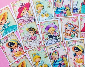 Easter Girls Stickers - Set of 18 - Handmade Stickers, Vintage Style, Vintage Easter, Planner Stickers, Cute Easter, Cute Girls, Cute Ladies