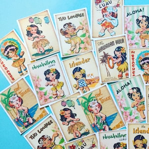 Hawaii Hula Girl Stickers - Set of 18 - Handmade Stickers, Vintage Style, Vintage Hula Girl, Cute Girl Stickers, Vintage Hawaiian Girl