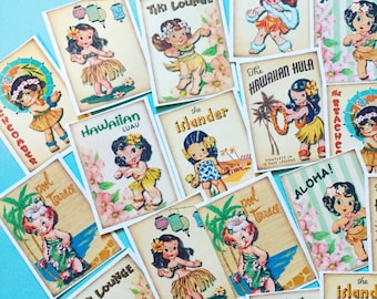 Hawaii Hula Girl Stickers - Set of 18 - Handmade Stickers, Vintage Style, Vintage Hula Girl, Cute Girl Stickers, Vintage Hawaiian Girl