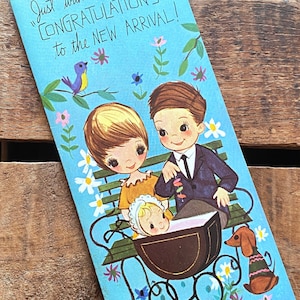 Tarjeta vintage sin usar para recién nacido: tarjeta de felicitación antigua, efímera de papel, diario basura, estilo kitsch de los años 60, felicitaciones y buenos deseos, tarjeta para bebé.