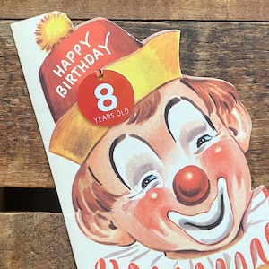 Tarjeta de cumpleaños vintage sin usar para un niño de 8 años: tarjeta de felicitación vintage oxidada, papel efímero, diario basura, material de manualidades, tarjeta de payaso de circo