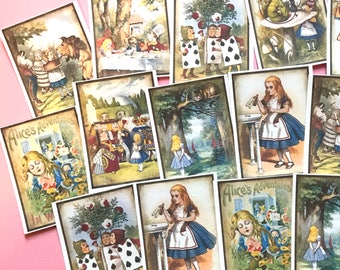 Alice in Wonderland Stickers - Set of 18 - Handmade Junk Journal Stickers