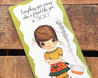 Vintage Unused Get Well Card - Old Greeting Card, Paper Ephemera, Junk Journal, Children's Card, 1960s Kitsch MCM Mod Girl Card, Sick Friend