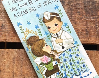 Vintage Unused Get Well Card - Old Greeting Card, Paper Ephemera, Junk Journal, Children's Card, 1960s Kitsch MCM Mod Girl Card, Sick Friend