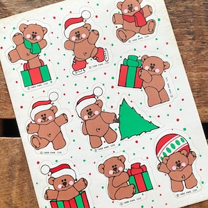 Hoja de pegatinas vintage de osos navideños de Hallmark (1 hoja) - Diario basura, papel efímero, scrapbooking, manualidades de los 80, arte alterado