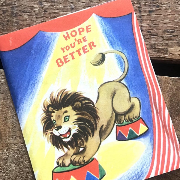Vintage Get Well Puzzle Card - Unused - Vintage Playtime Card, Old Greeting Card, Vintage Circus Card, Unused Get Well, Paper Ephemera, Lion