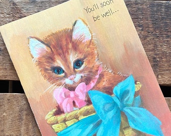 Vintage Unused Cat Get Well Card - Old Greeting Card, Paper Ephemera Junk Journal, Cute Kitten, Children's Card, Sick Friend, 1970s Kitsch