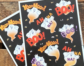 Vintage Unused Halloween Ghost Stickers - 2 Sheets - Old Hallmark Seals, Paper Ephemera, Junk Journal, Cartoon Ghosts, Boo, Orange and Black