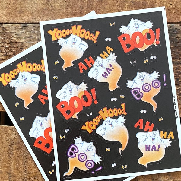 Vintage Unused Halloween Ghost Stickers - 2 Sheets - Old Hallmark Seals, Paper Ephemera, Junk Journal, Cartoon Ghosts, Boo, Orange and Black