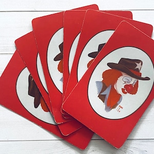 Juego de 6 naipes antiguos: naipes de circo, naipes mod, naipes de payasos, efímeras de diarios basura, papel antiguo, naipes coleccionables, naipes de diarios