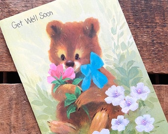 Vintage Unused Bear Get Well Card - Old Greeting Card, Paper Ephemera Junk Journal, Zoo Ephemera, Children's Card, Sick Friend, 1970s Kitsch