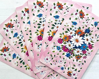 Naipes vintage con flores de colores sobre fondo rosa - Juego de 6