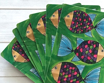 Vintage Colorful Fish on Green Playing Cards - Set of 6