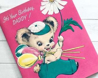 Vintage Birthday Card - Unused - Vintage Greeting Card, Vintage Bear Card, Birthday Ephemera, Vintage Father Card, Dad, Junk Journal Card