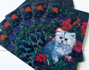 Vintage White Kitten and Flowers Playing Cards - Set of 6