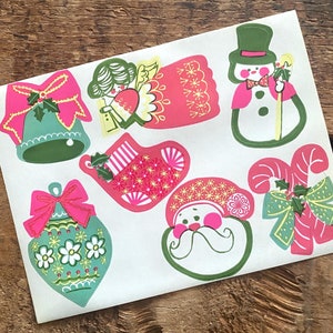 Vintage Christmas Sticker Sheet - 1 Sheet - Christmas Seals, Xmas Ephemera, Paper Labels, Junk Journal, Santa Ephemera, Pink Green Kitsch