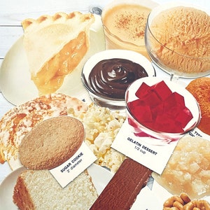 Découpe dessert vintage des années 1970 - option choisie - carte flash diététique scolaire, image en carton, découpe nutrition, gâteries éphémères de grignotines