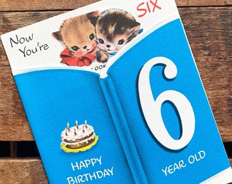 Tarjeta de cumpleaños vintage para niño/a de 6 años - Sin usar - Tarjeta de felicitación Norcross, Papel efímero, Diario basura, Infantil, Gatitos adorables